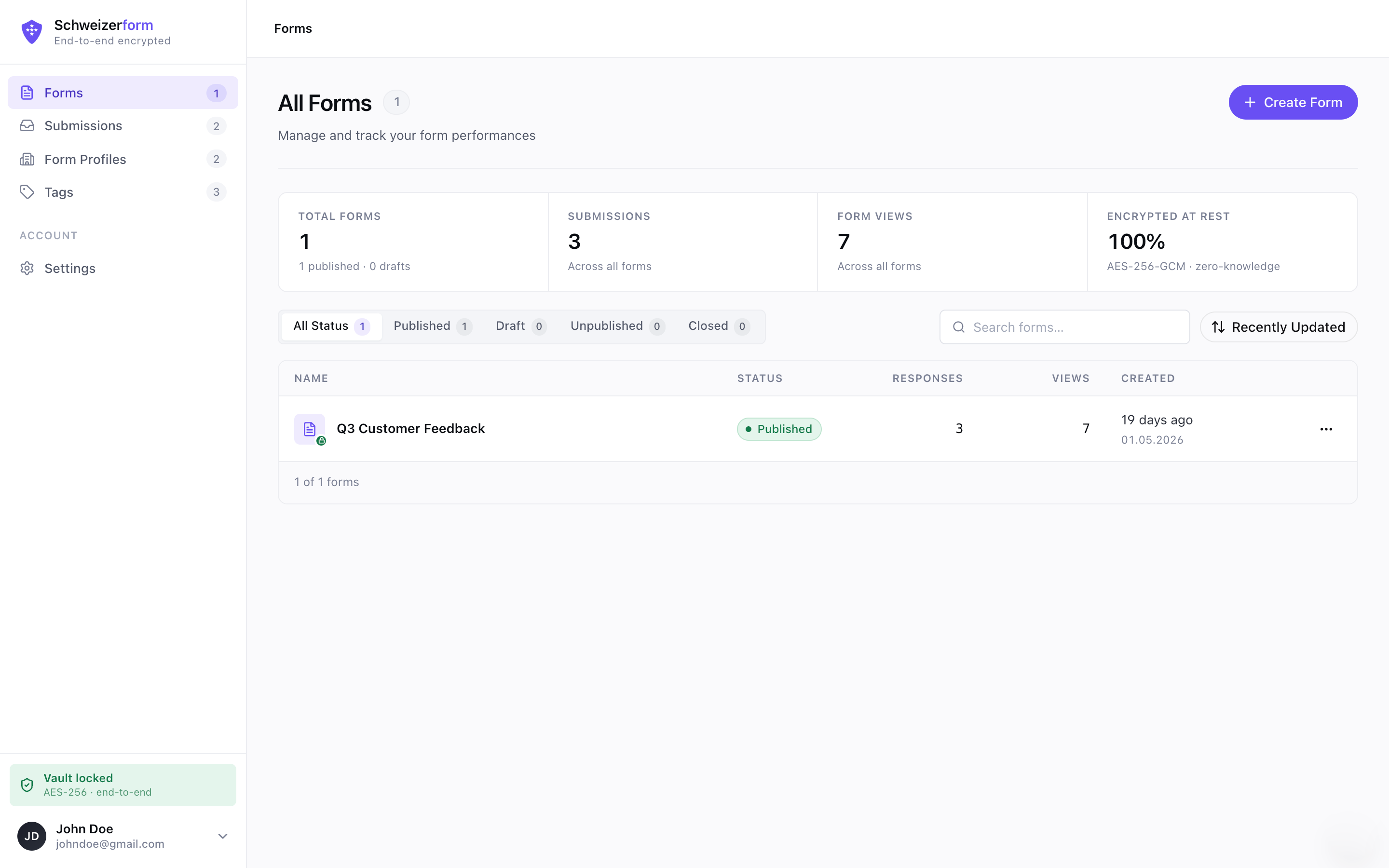 Schweizerform ist der Ende-zu-Ende-verschlüsselte Form-Builder, entwickelt in der Schweiz. Jede Antwort und jede hochgeladene Datei wird im Browser des Teilnehmers verschlüsselt, bevor sie das Gerät verlässt. Wir — die Menschen, die den Dienst betreiben — haben keine Möglichkeit, sie zu entschlüsseln.