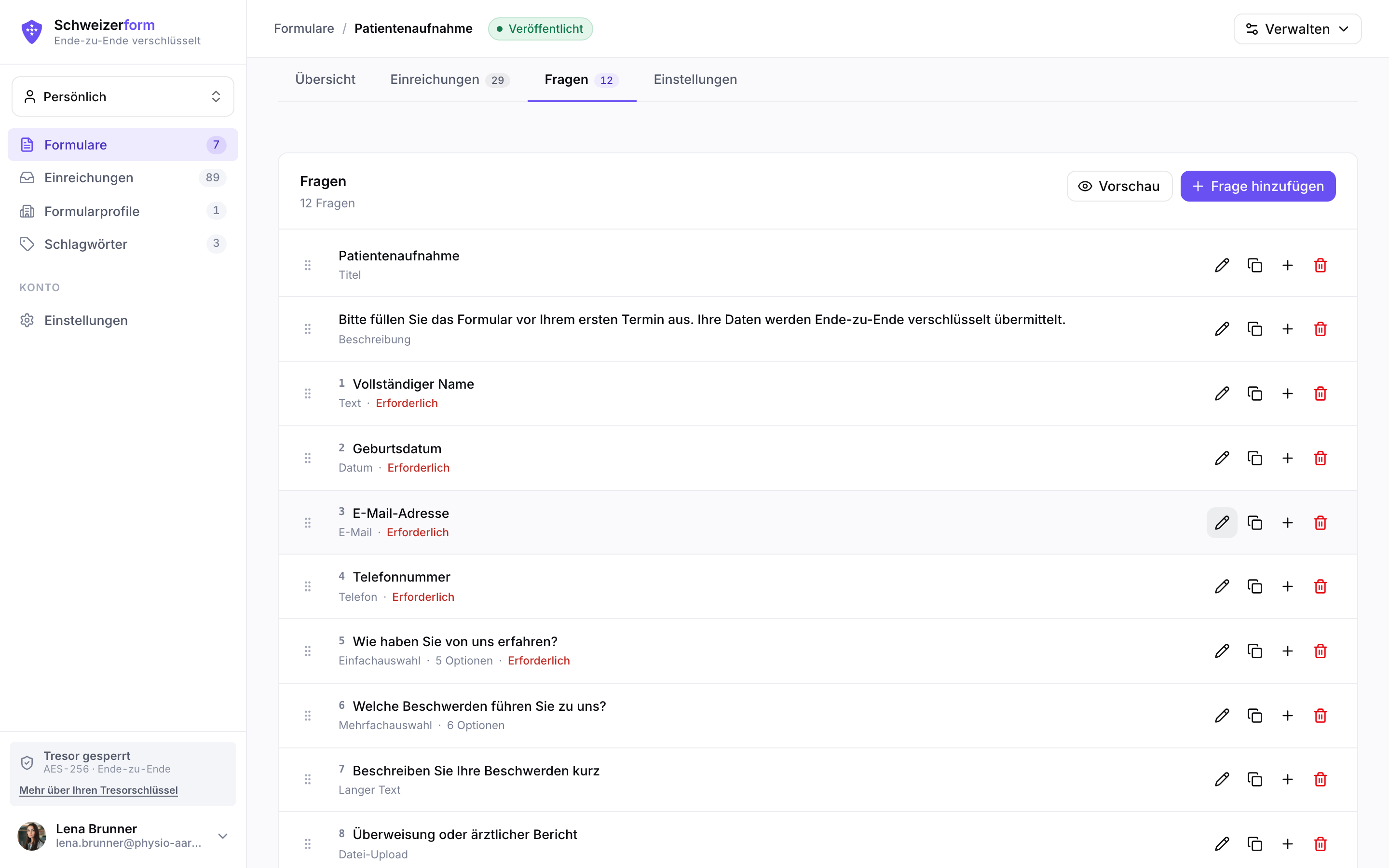 Schweizerform Formular-Builder – Fragen-Tab mit Ziehgriffen