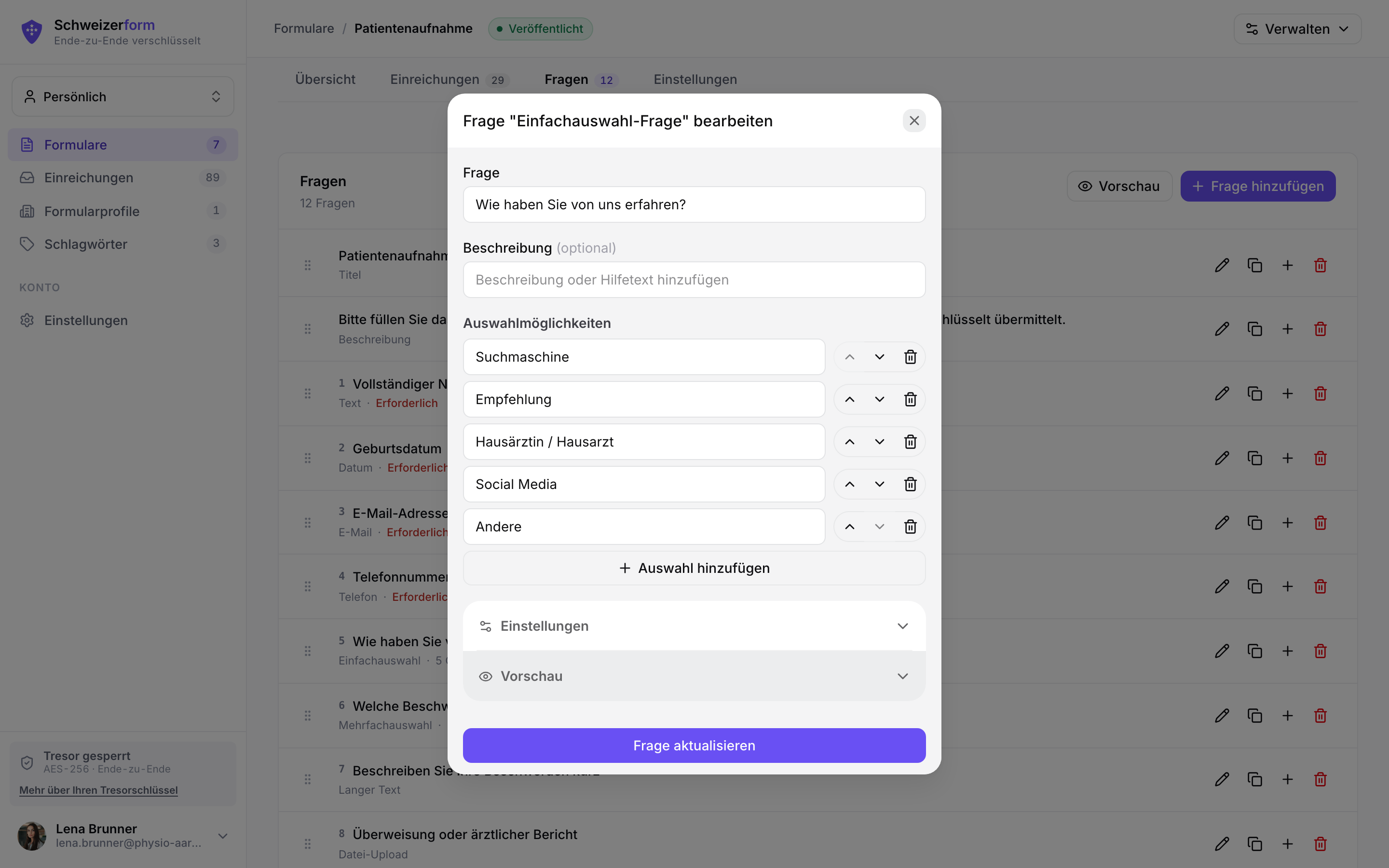 Formular-Builder – Fragenliste mit einem Bearbeitungs-Modal und Live-Vorschau