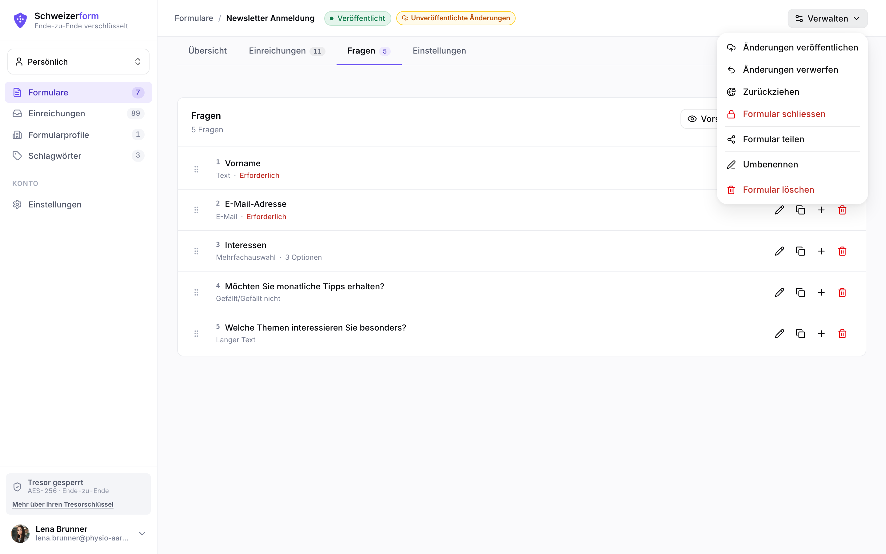 Veröffentlichtes Formular im Builder mit dem Chip «Nicht veröffentlichte Änderungen»