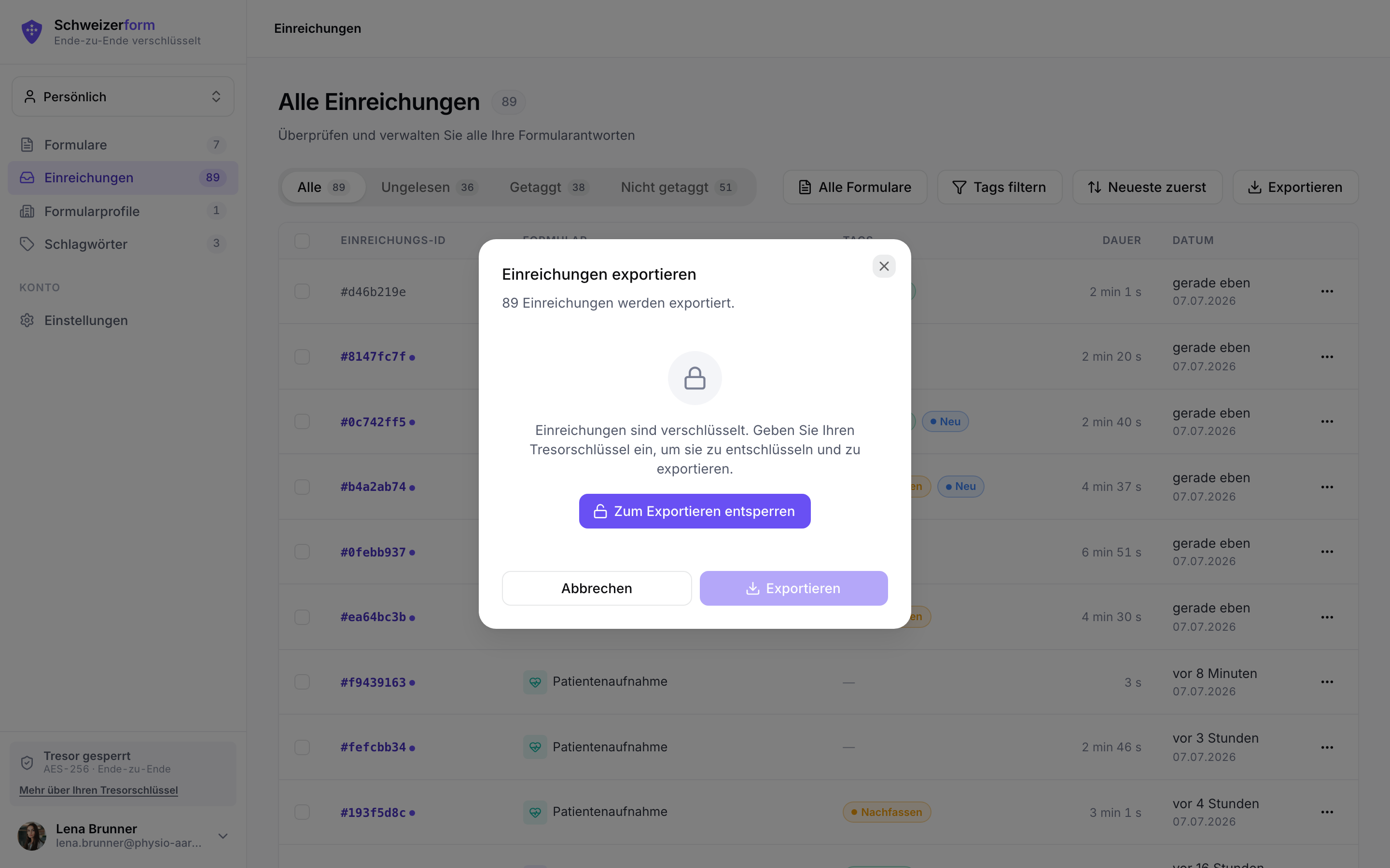 Export-Modal – CSV, Excel, PDF, ZIP