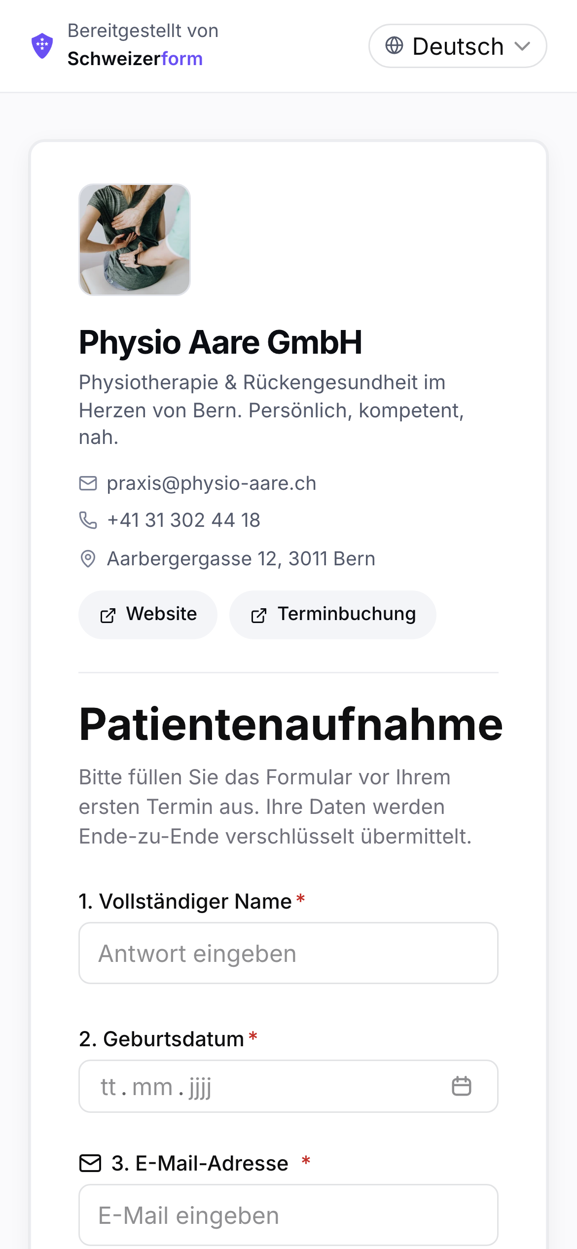 Ein öffentliches Schweizerform-Formular auf einem Smartphone