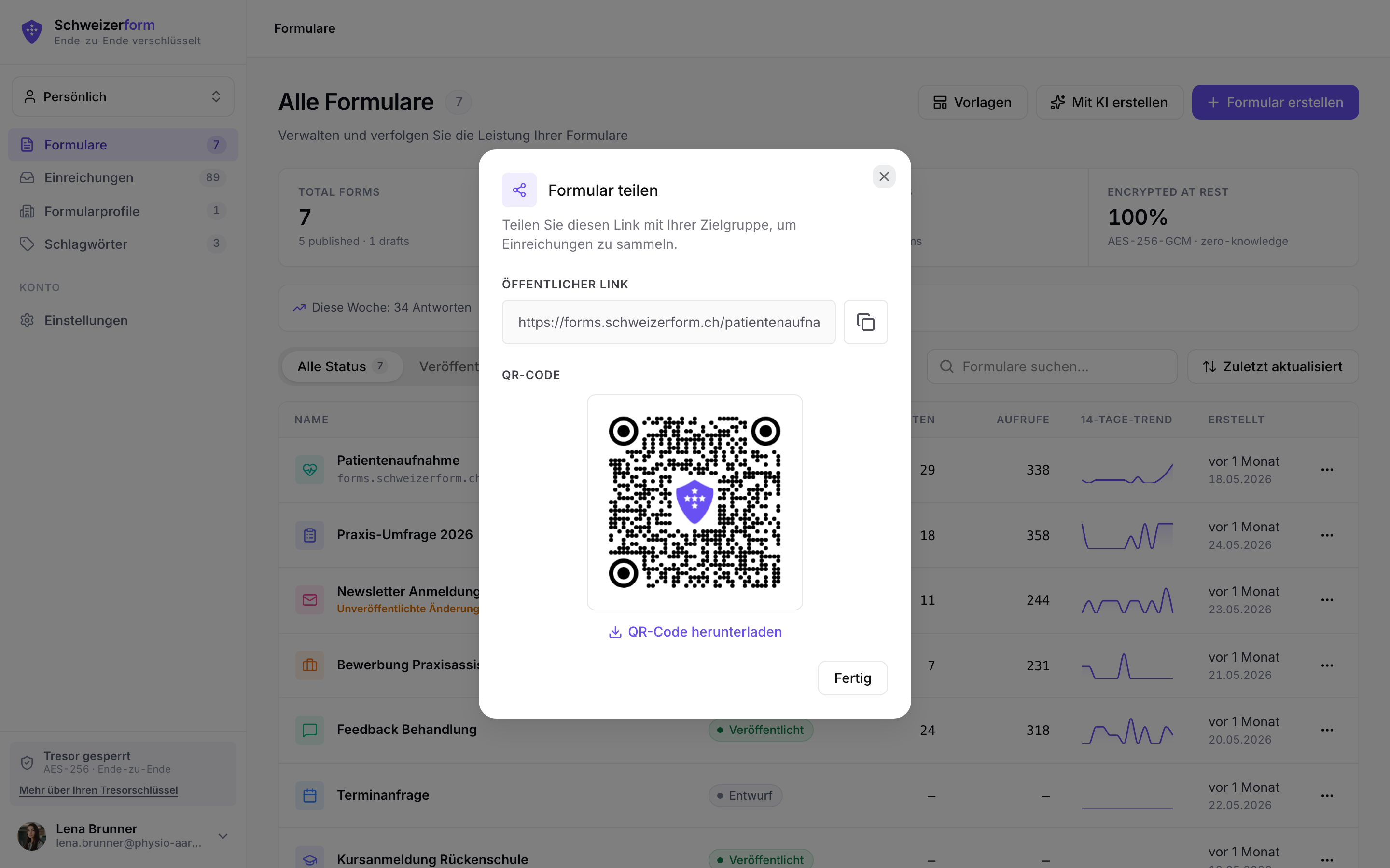 Teilen-Modal mit Link, Kopier-Button und QR-Code