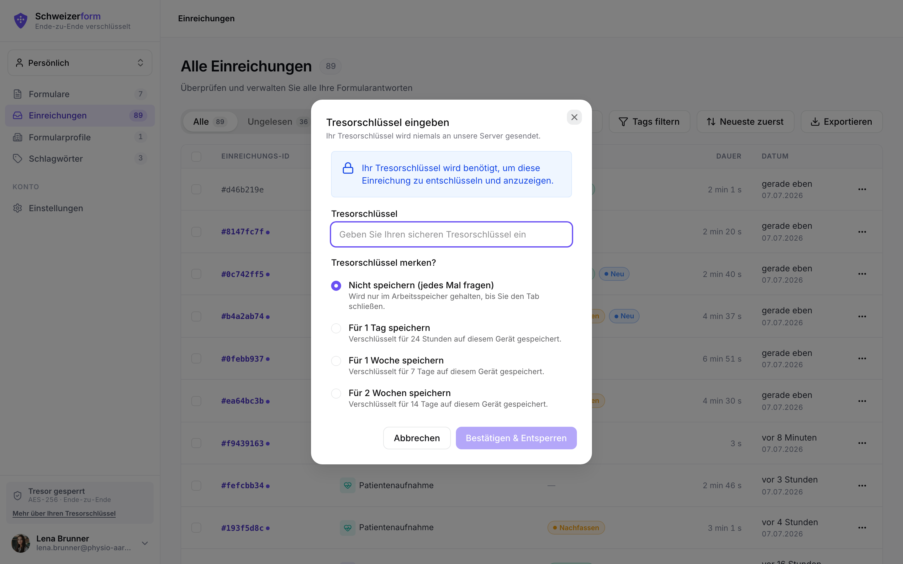 Tresorschlüssel-Entsperr-Dialog — der Posteingang wird entsperrt