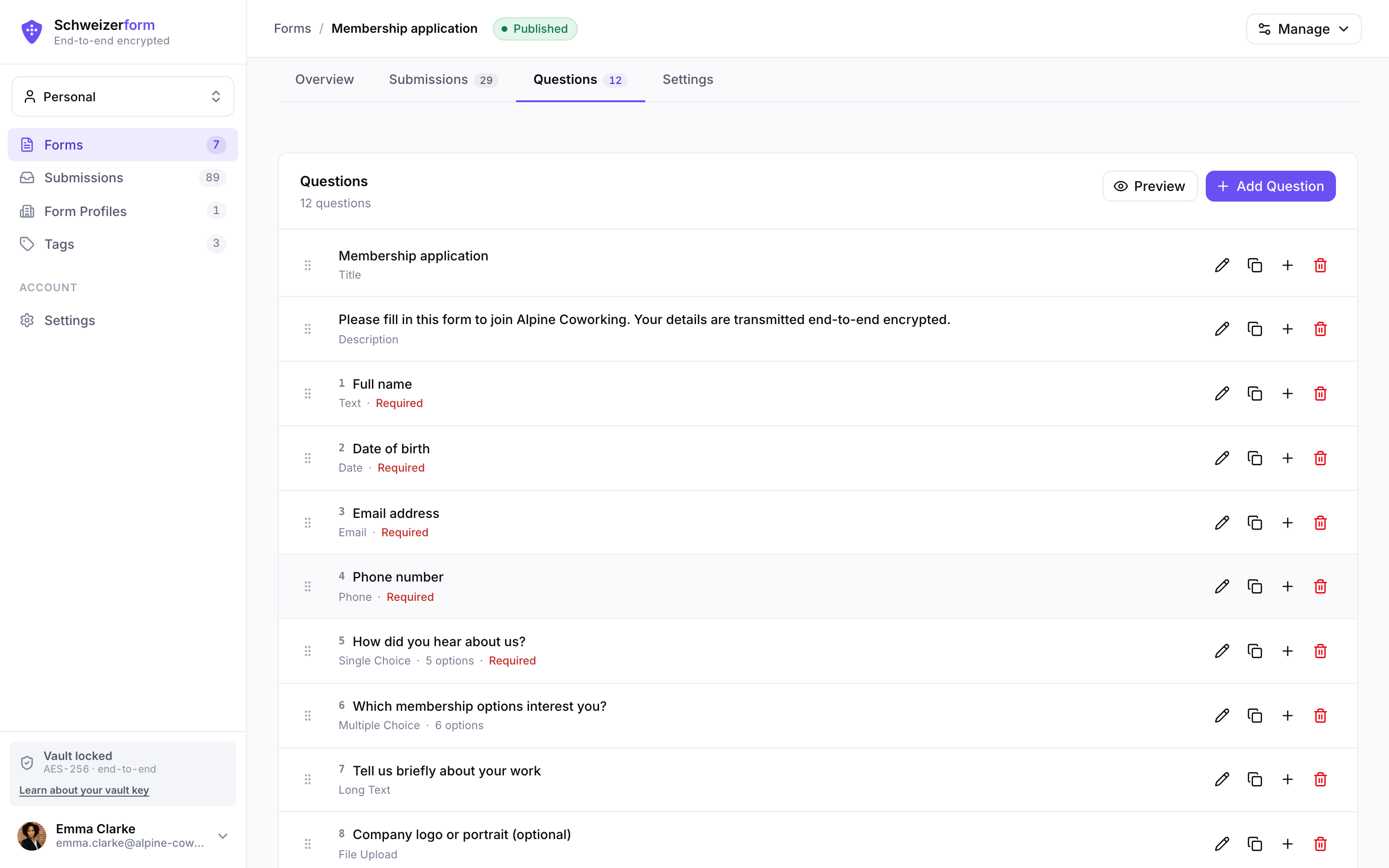 Schweizerform form builder — questions tab with drag handles