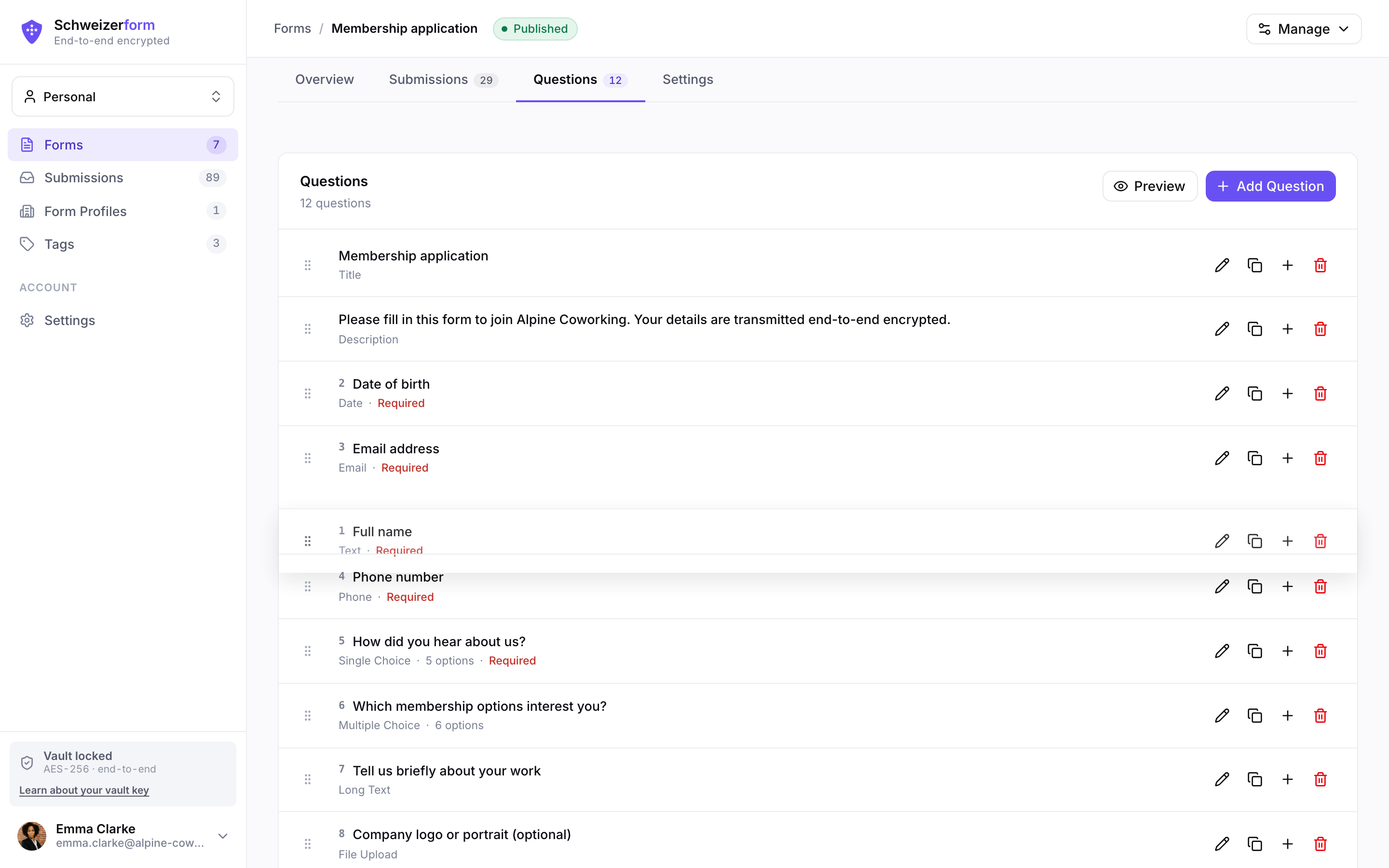 Questions tab with a drag handle mid-drag while reordering