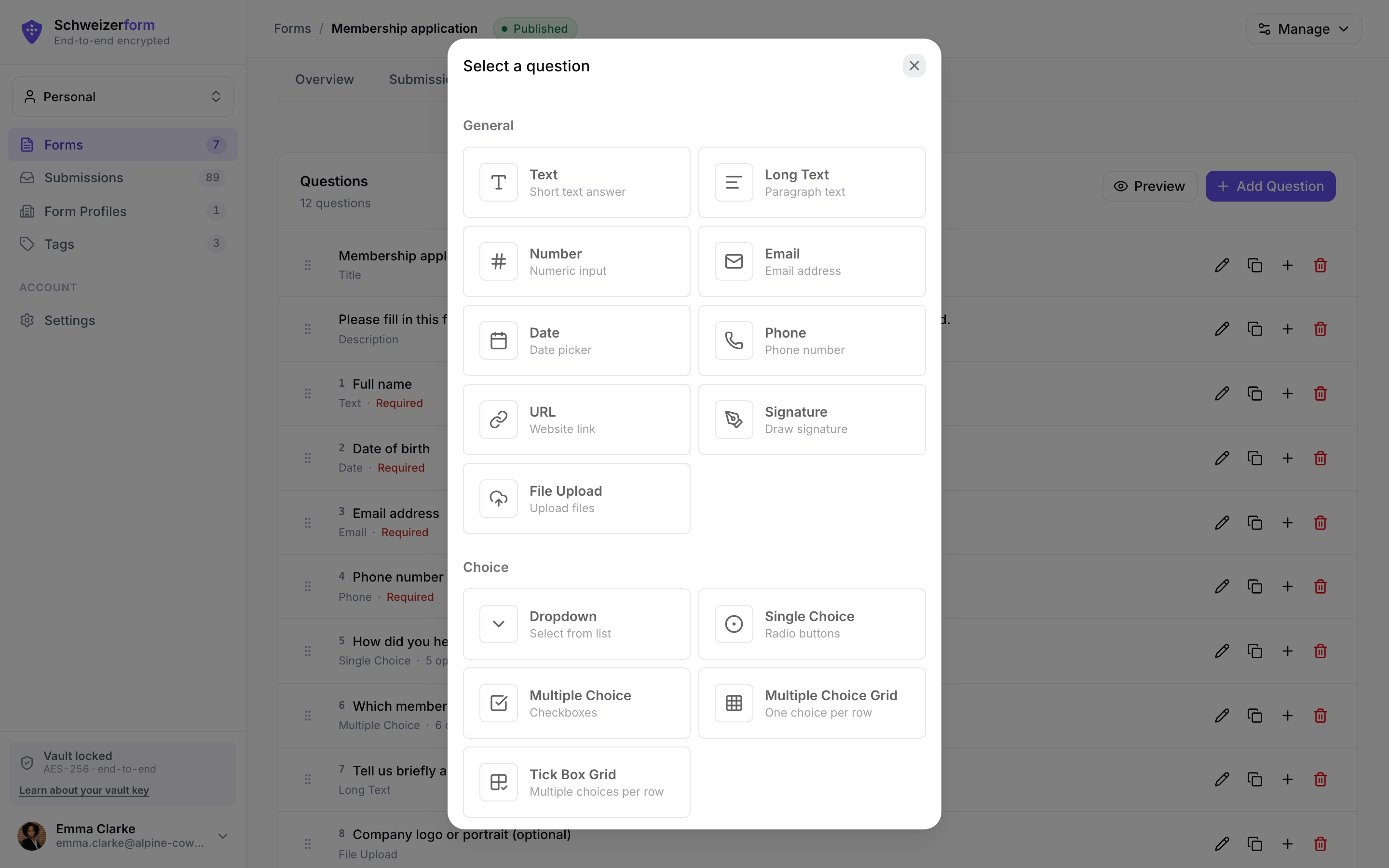 Question type picker modal showing the seven categories