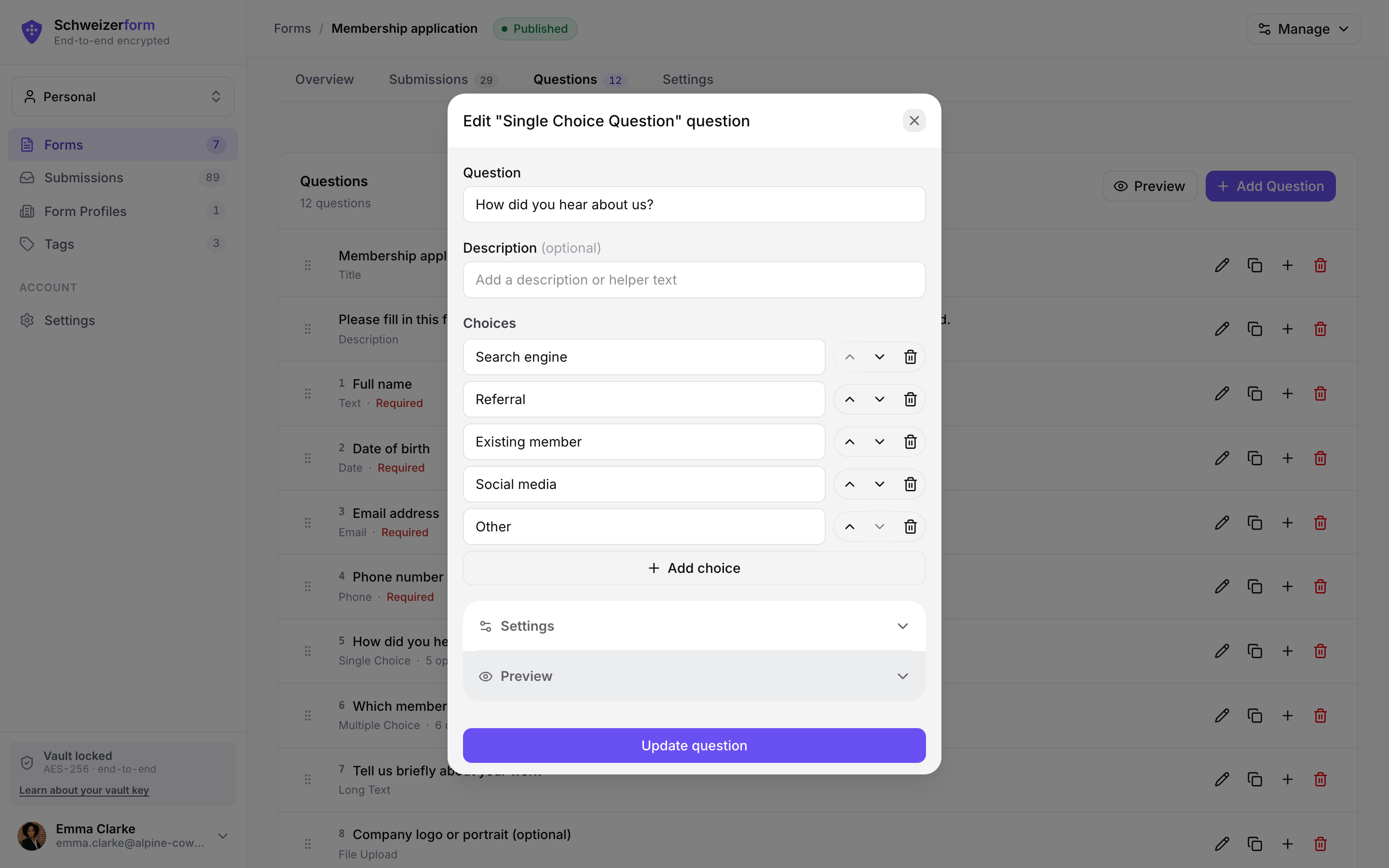 Form builder — question list with an edit modal and live preview