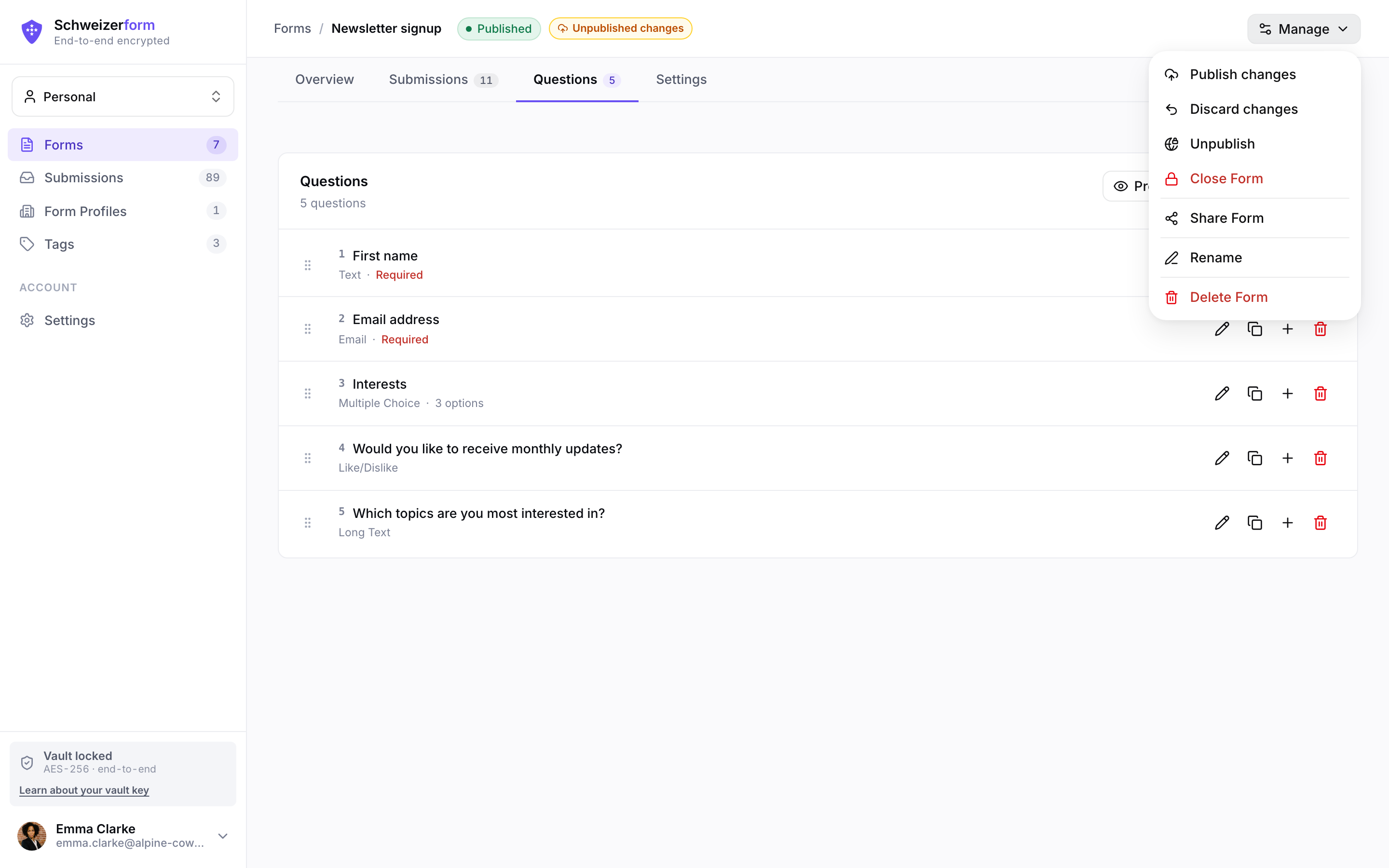 Published form in the builder showing the Unpublished changes chip