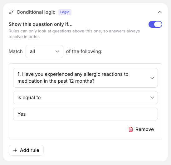 Condition editor showing a rule that reveals a question only when an earlier answer matches