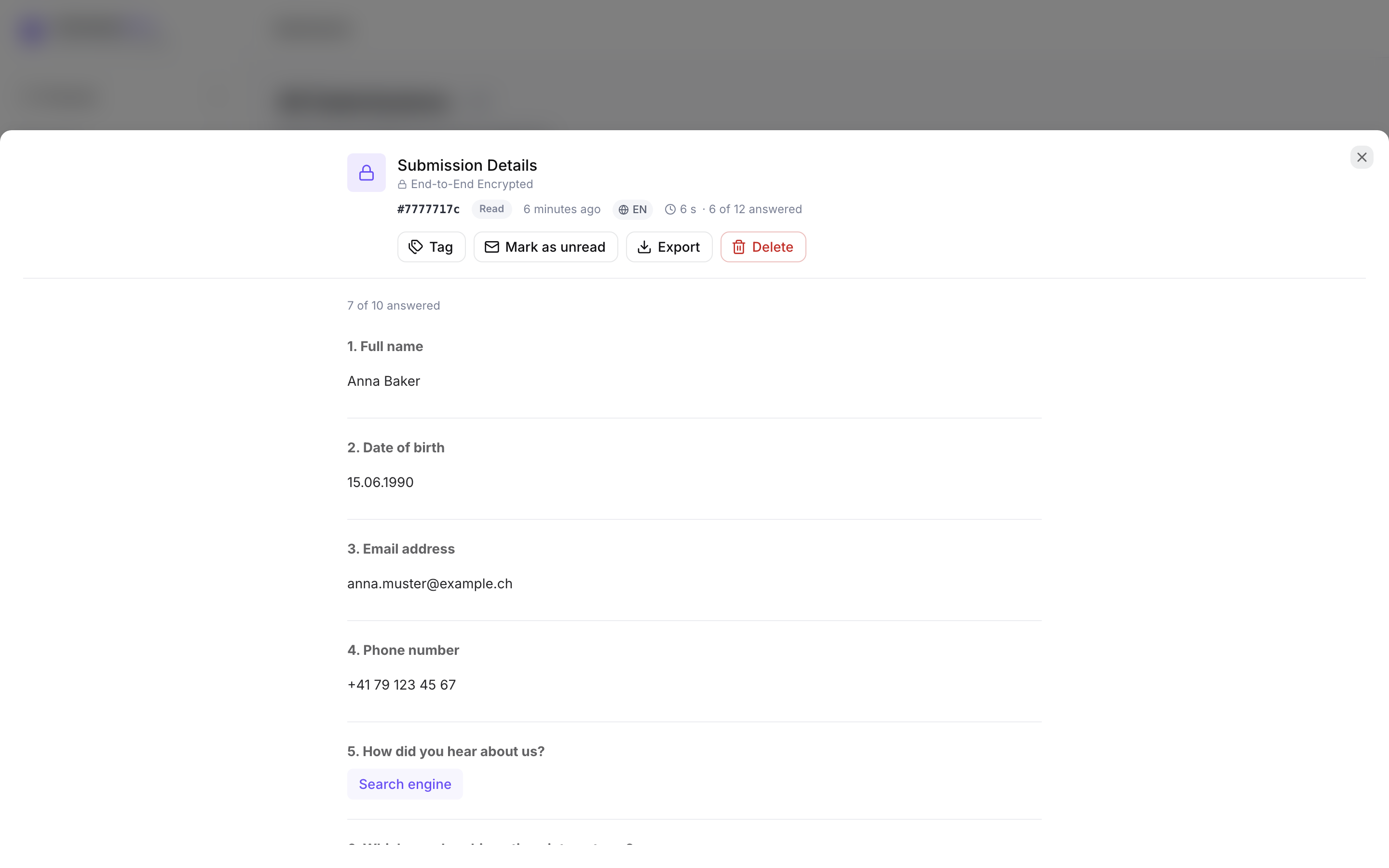 Submissions inbox with an open drawer showing decrypted answers