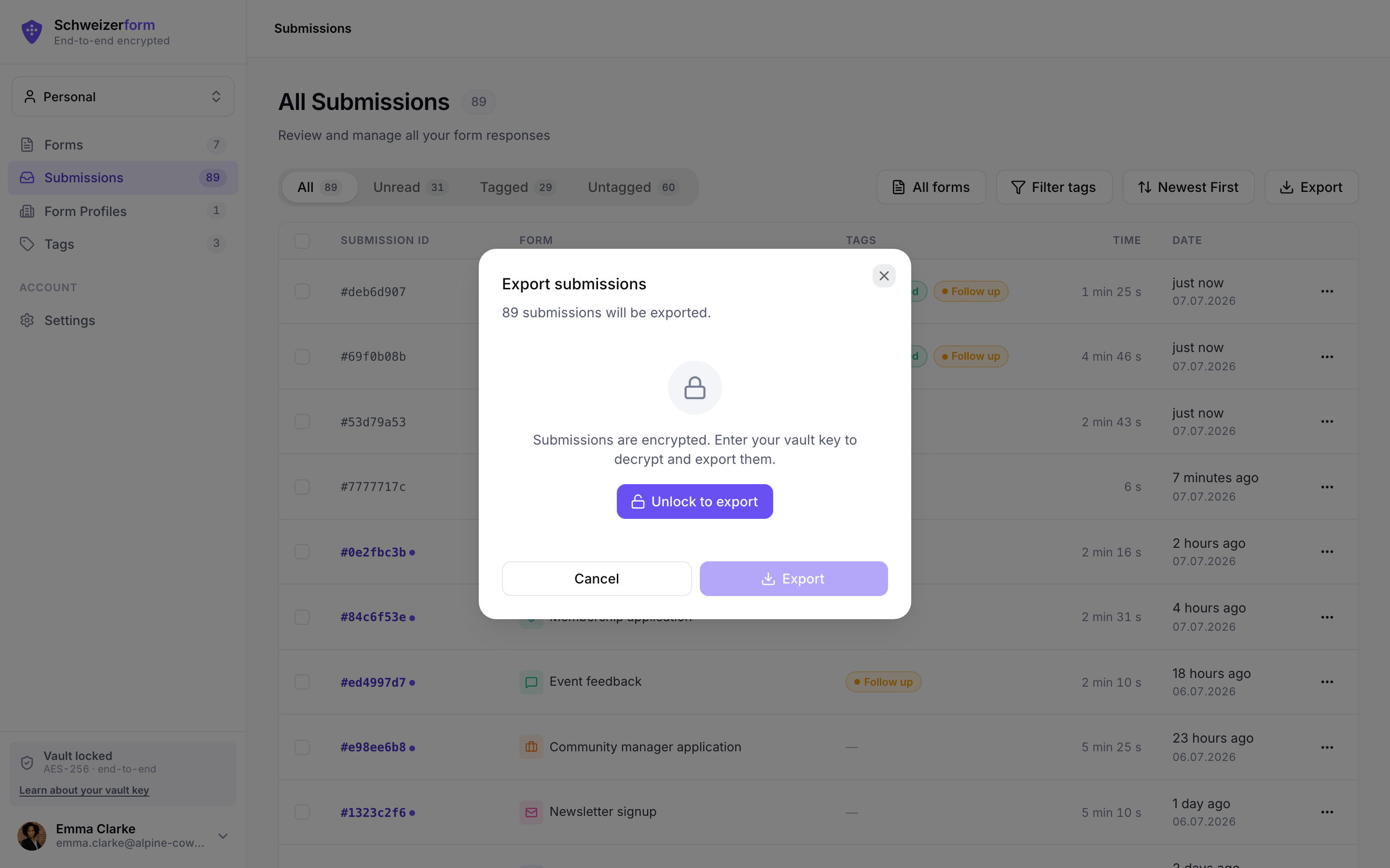 Export modal — CSV, Excel, PDF, ZIP