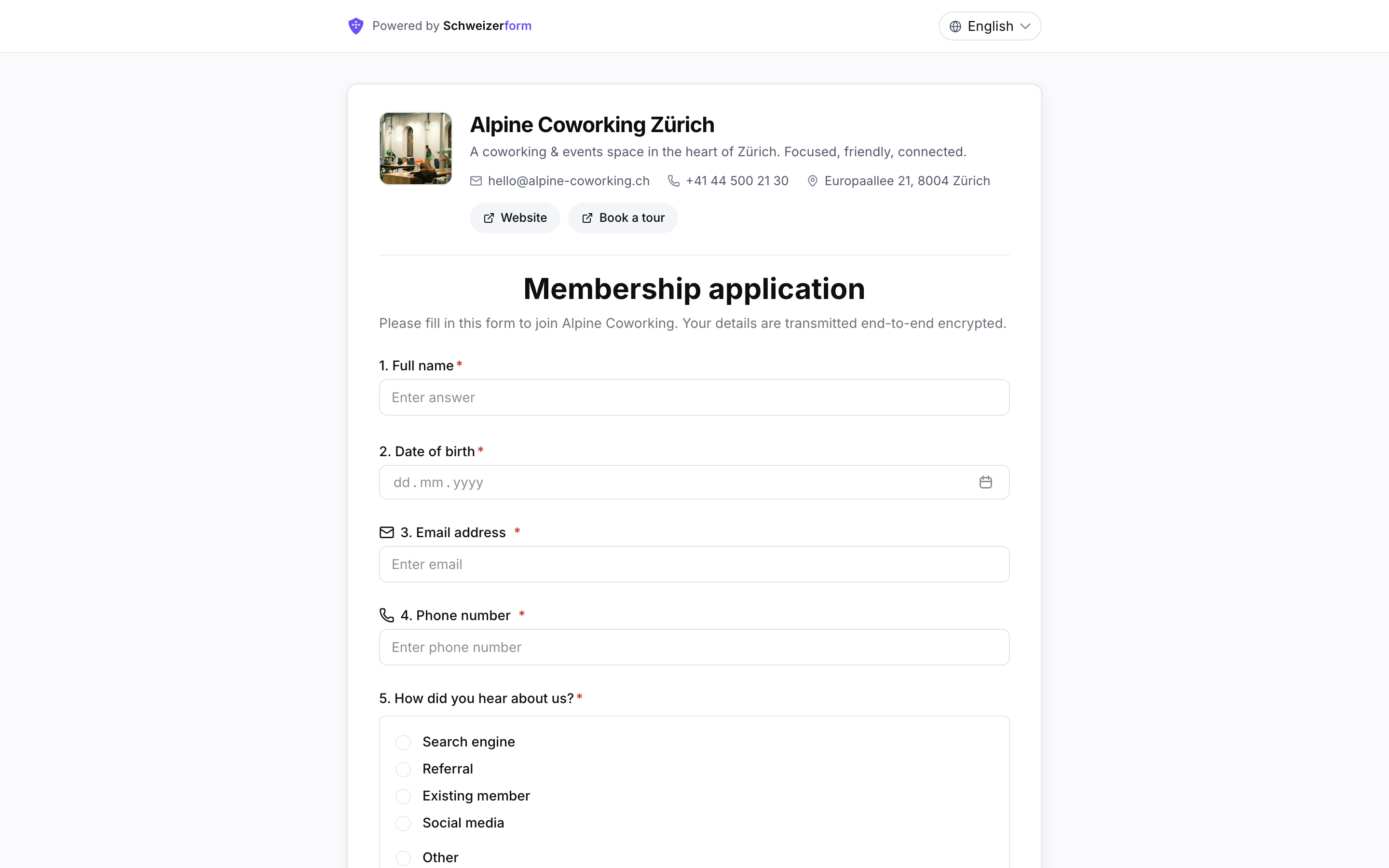 Public form header with a company profile next to the profile editor