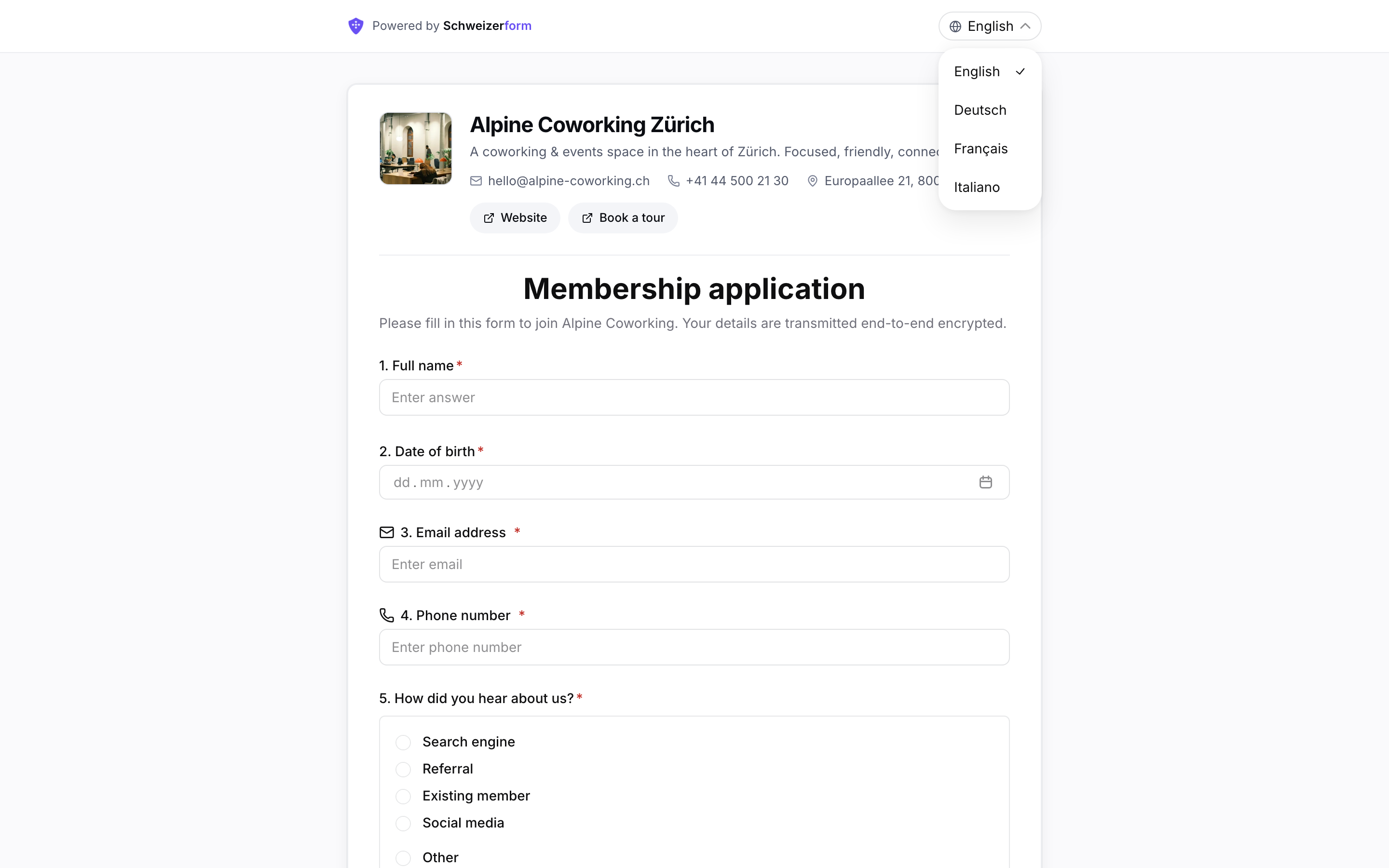 Public form with the language switcher open