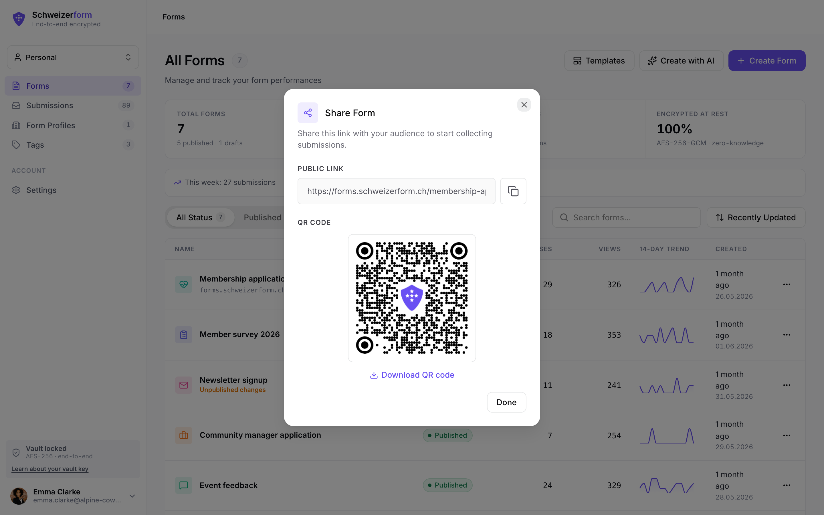 Share modal with link, copy button and QR code