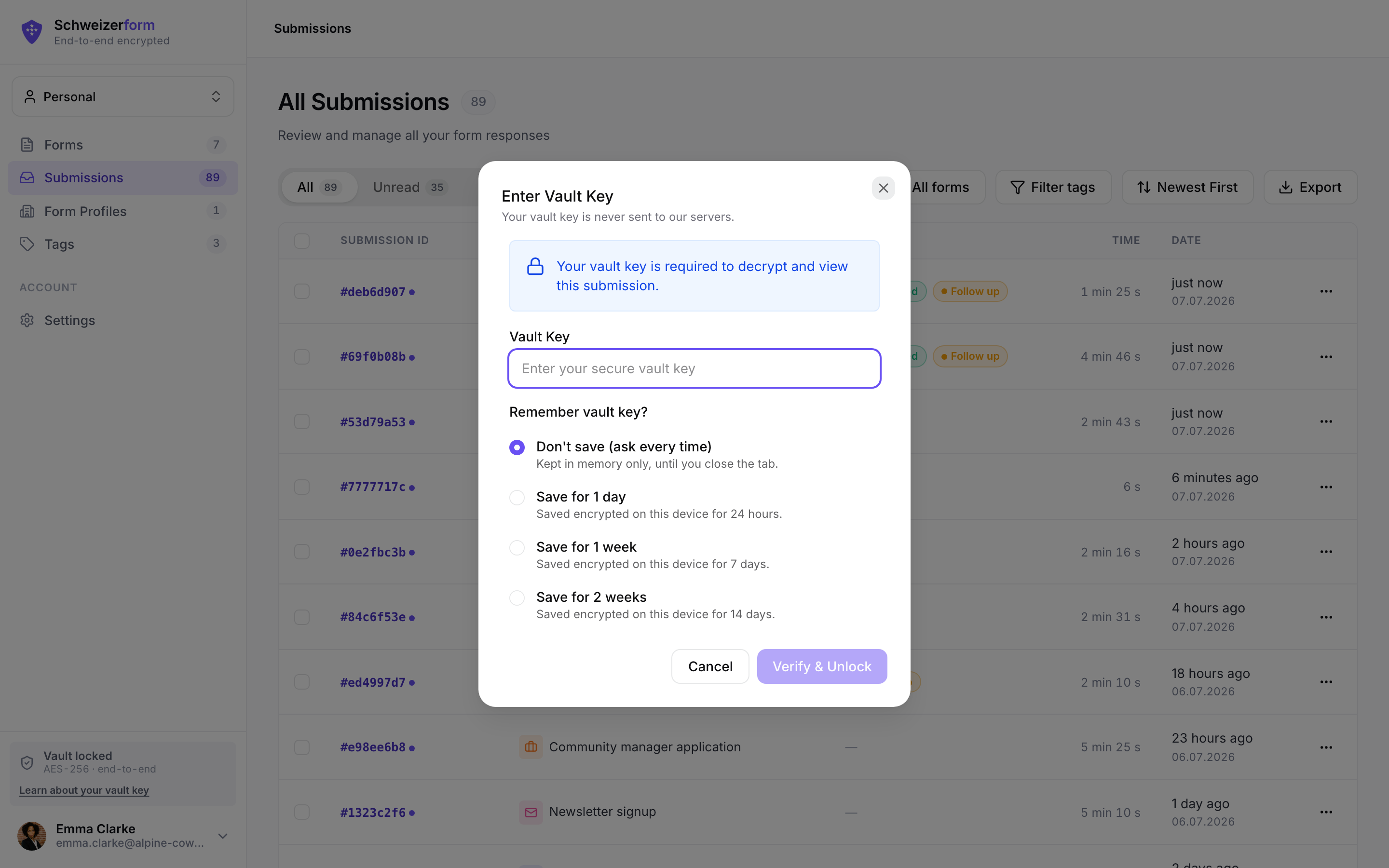Vault key unlock modal — unlocking the inbox