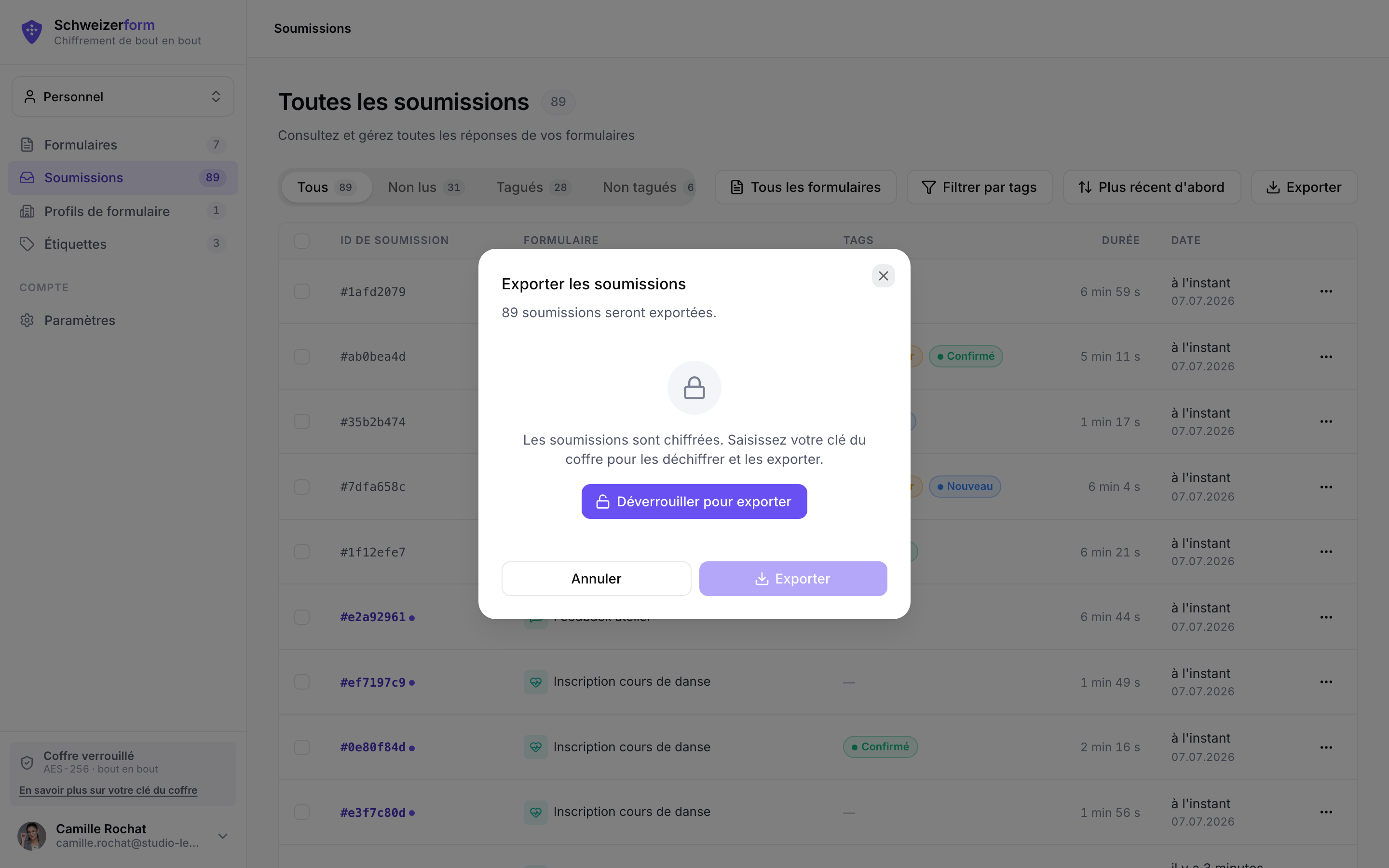 Fenêtre d'export – CSV, Excel, PDF, ZIP