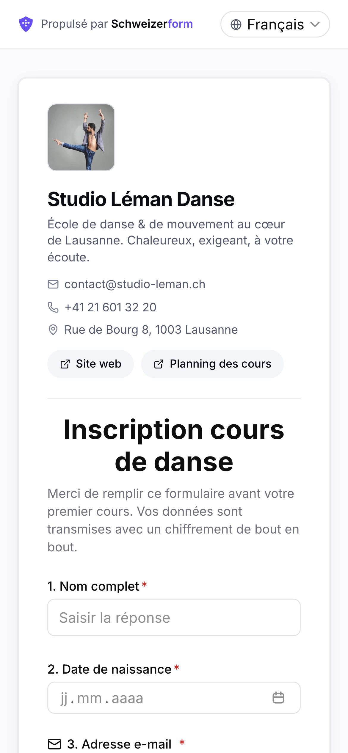 Un formulaire public Schweizerform sur un téléphone