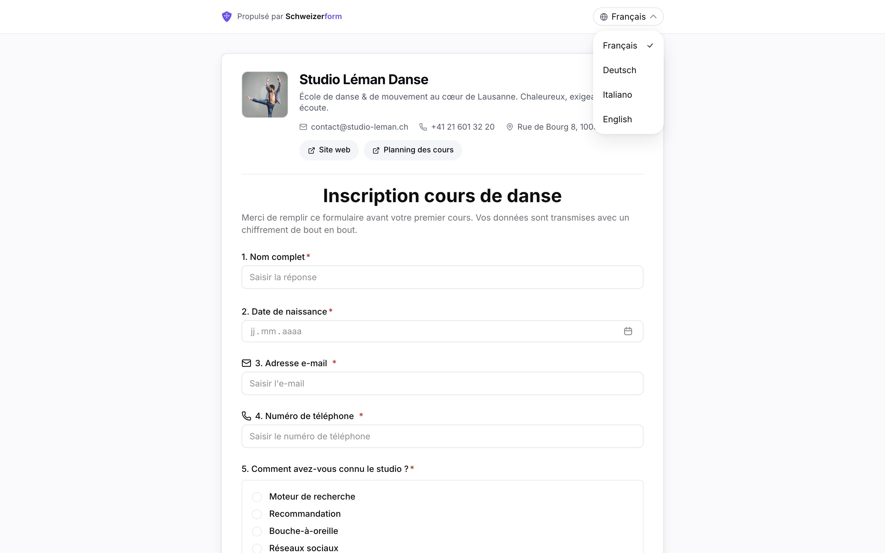 Formulaire public avec le sélecteur de langue ouvert