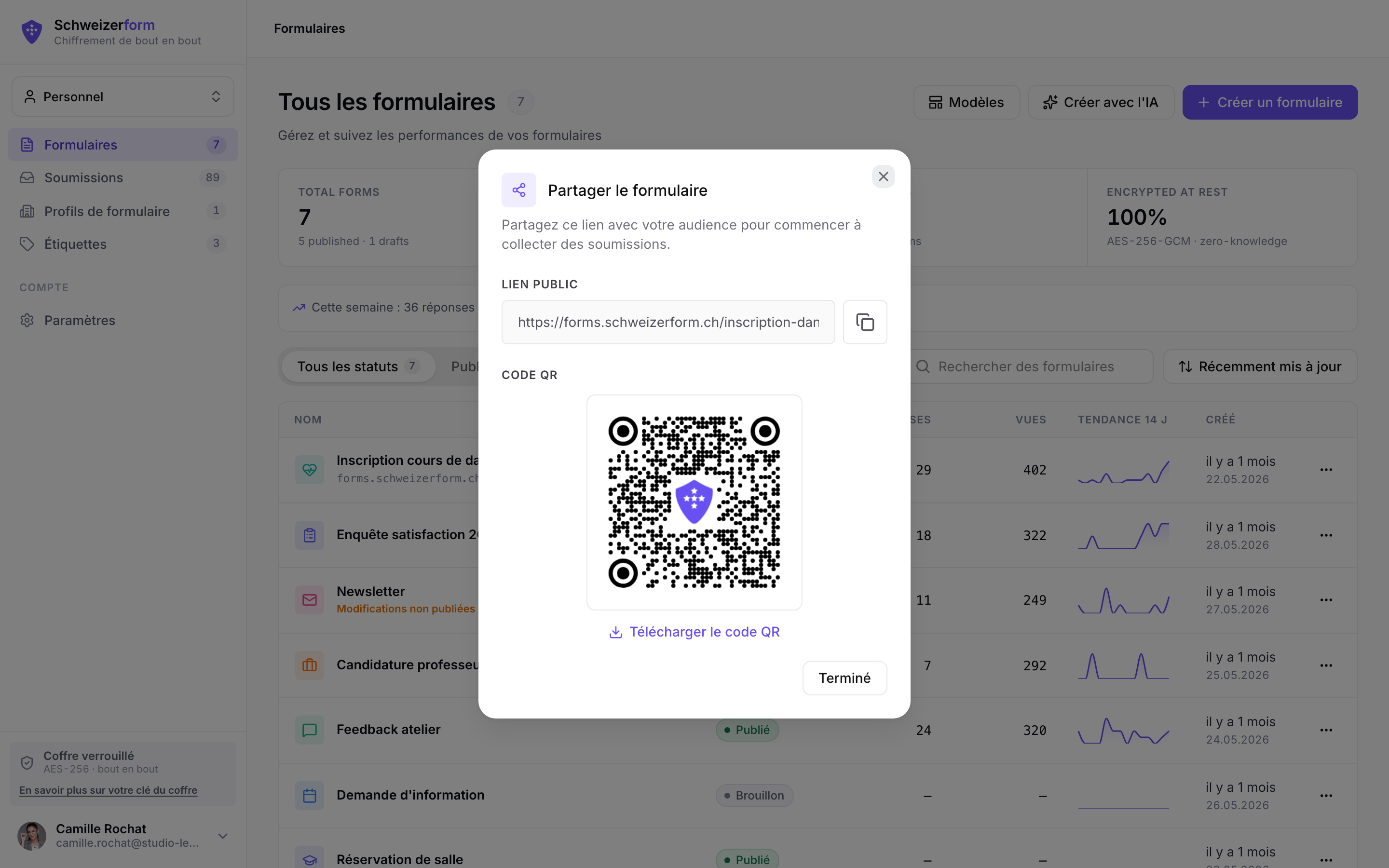Fenêtre de partage avec lien, bouton de copie et code QR