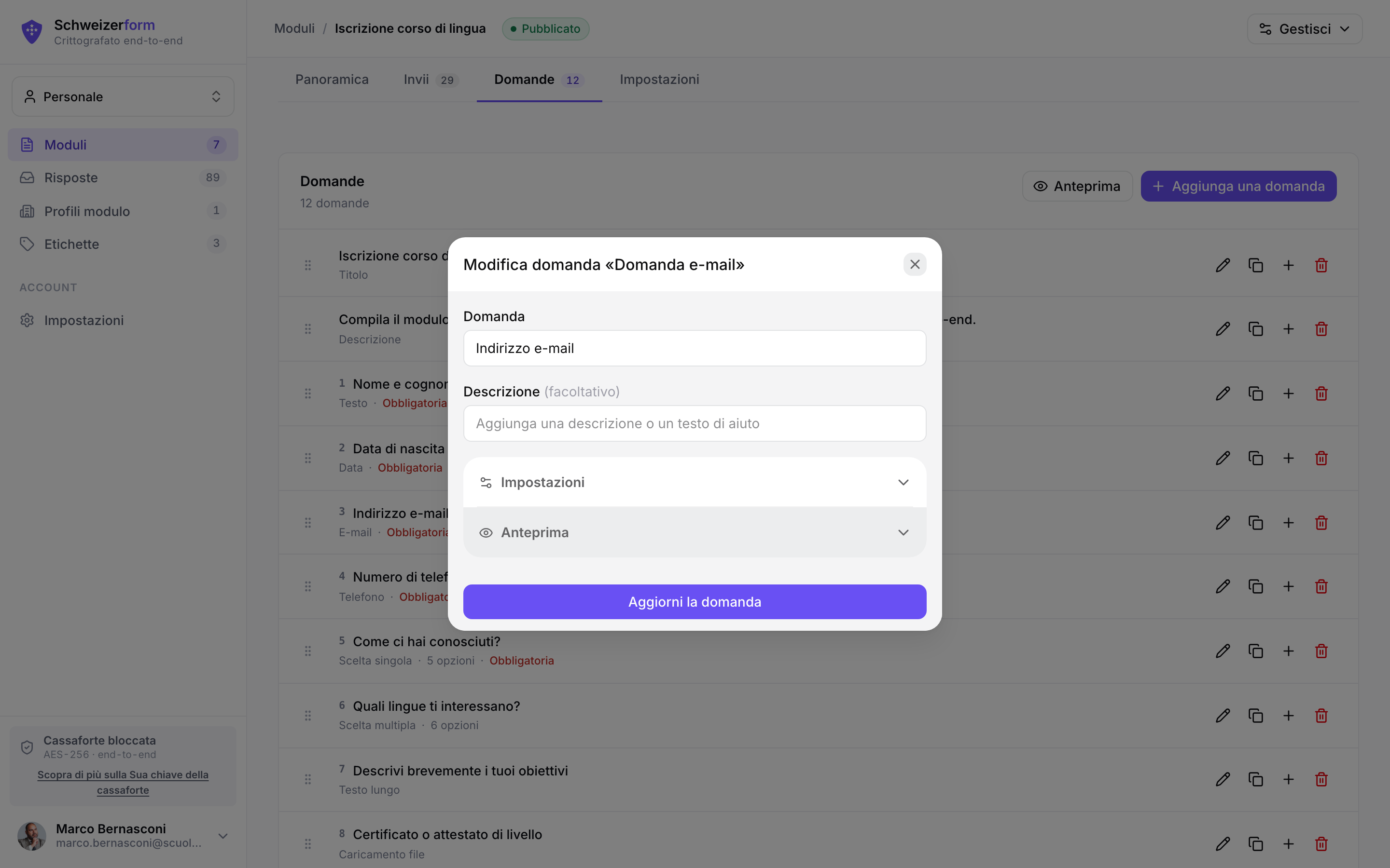 Generatore di moduli – elenco di domande con finestra di modifica e anteprima dal vivo