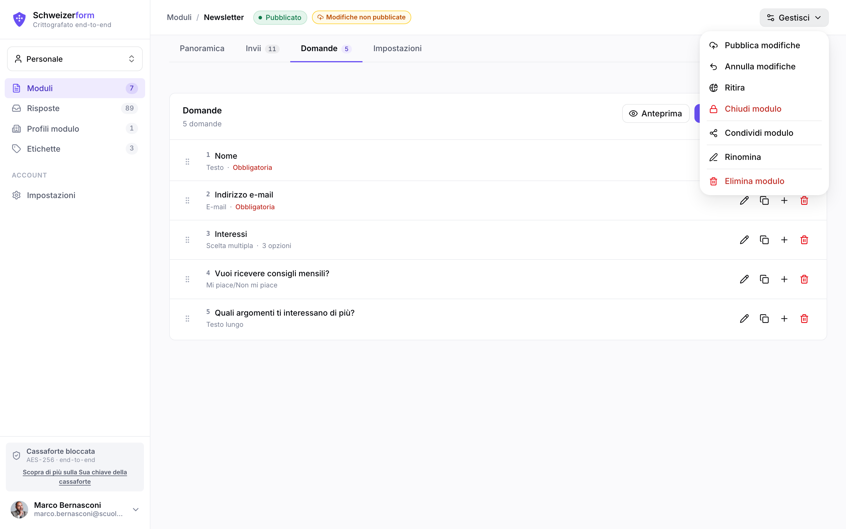 Modulo pubblicato nell'editor con il badge Modifiche non pubblicate
