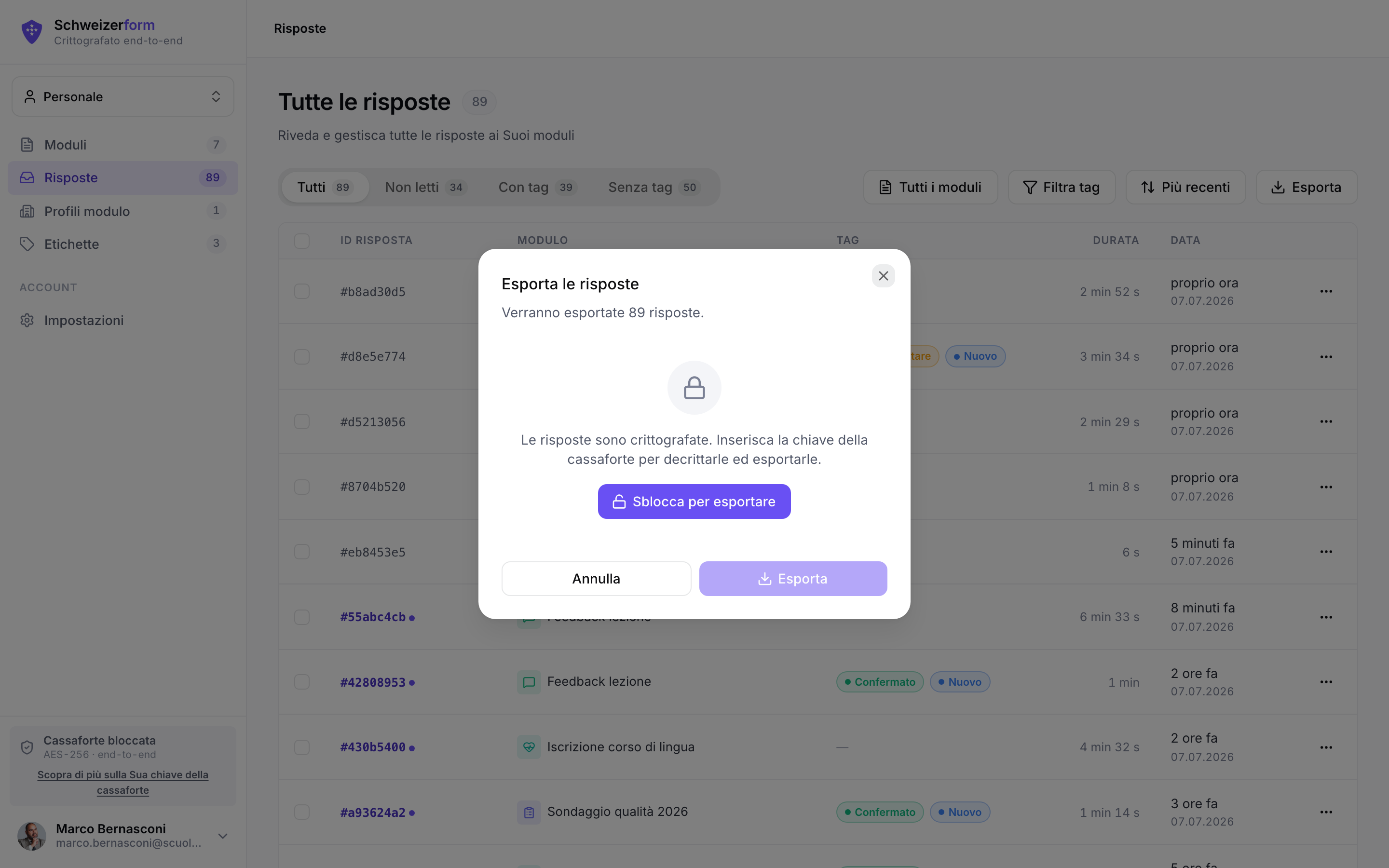 Finestra di esportazione – CSV, Excel, PDF, ZIP
