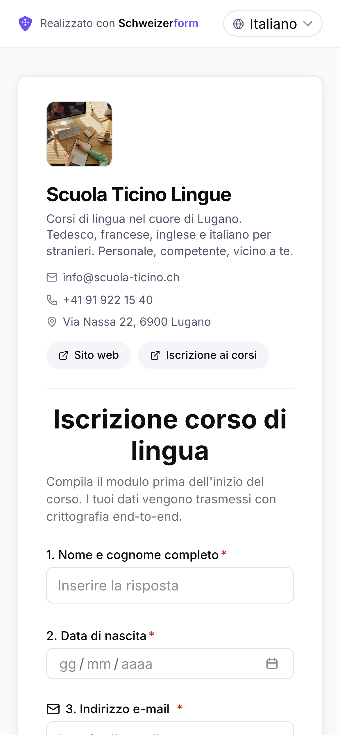 Un modulo Schweizerform pubblico su uno smartphone