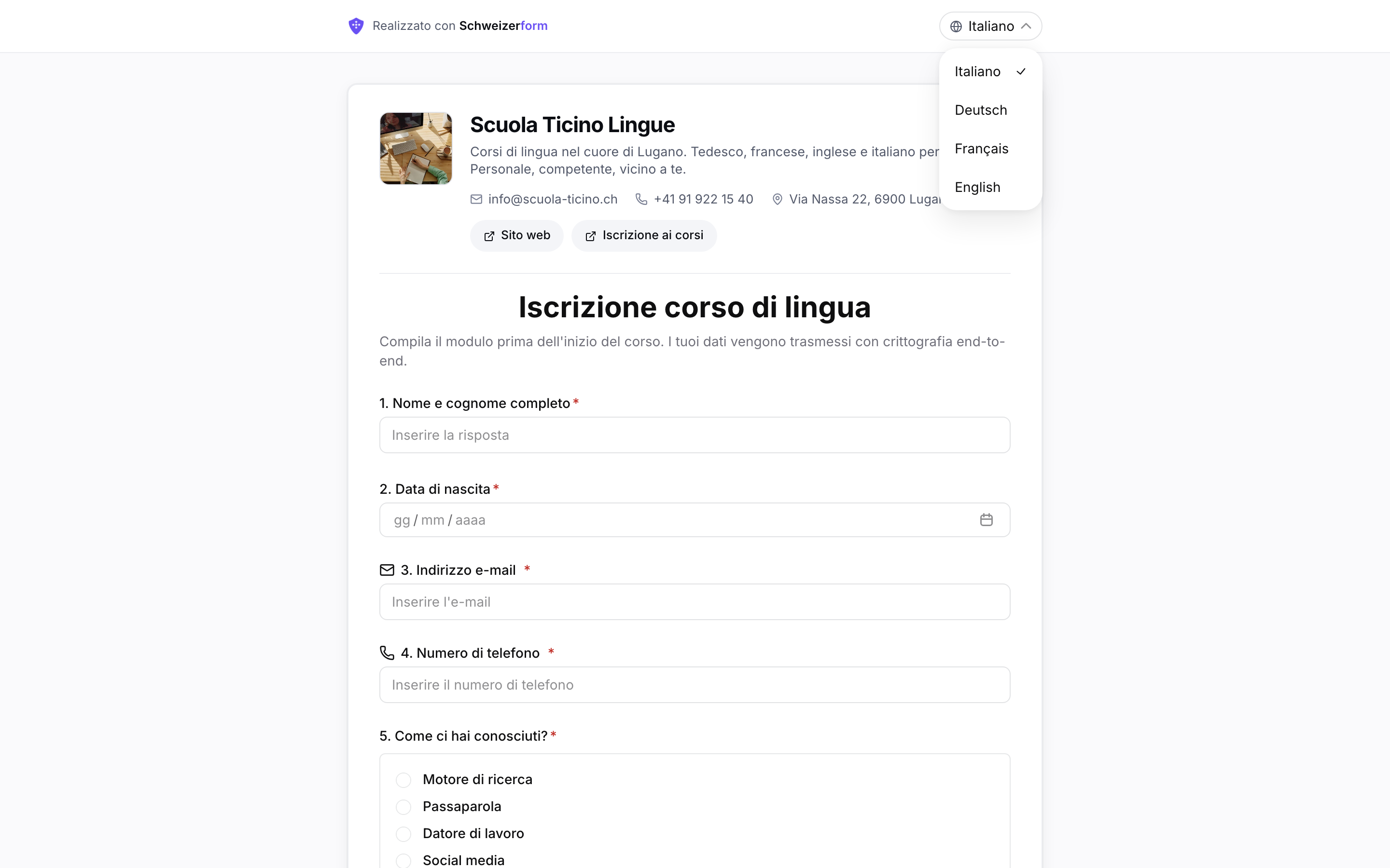 Modulo pubblico con il selettore di lingua aperto