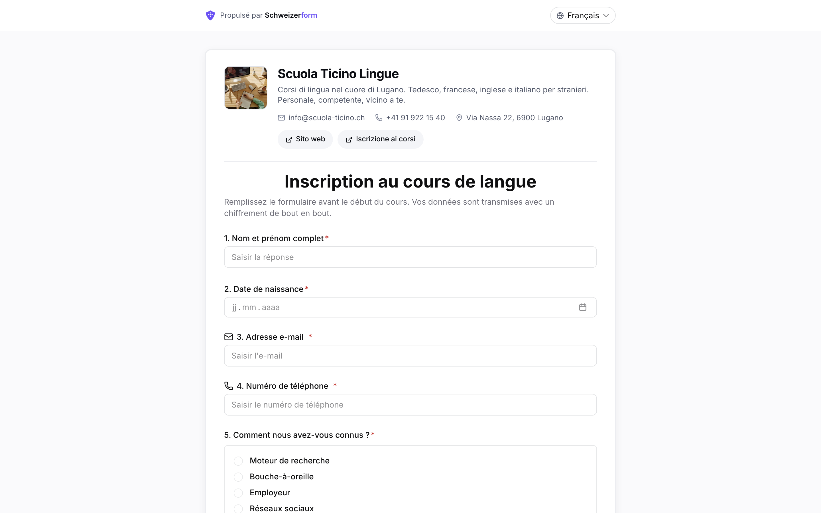 Lo stesso modulo pubblico mostrato in francese
