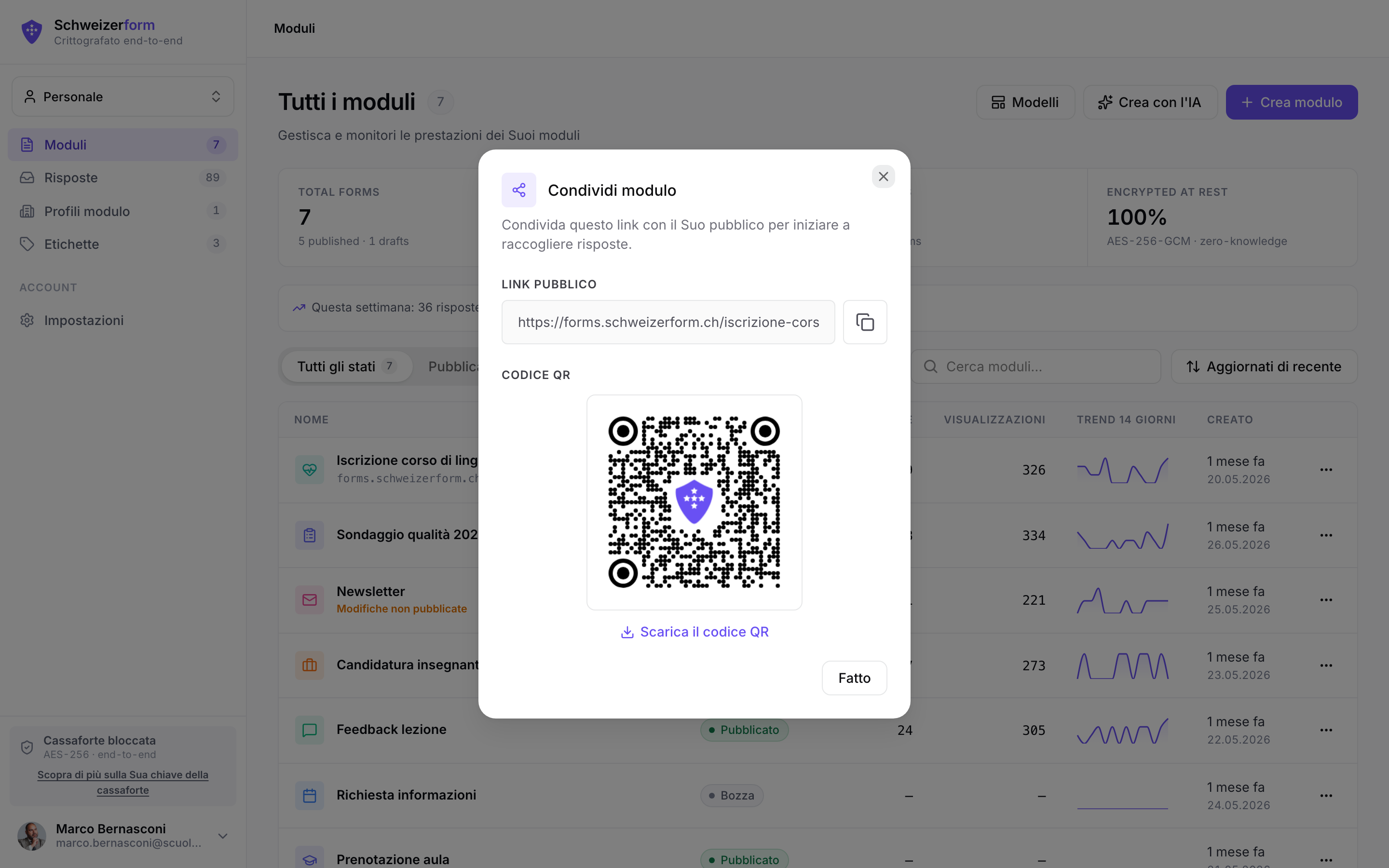 Finestra di condivisione con link, pulsante di copia e codice QR