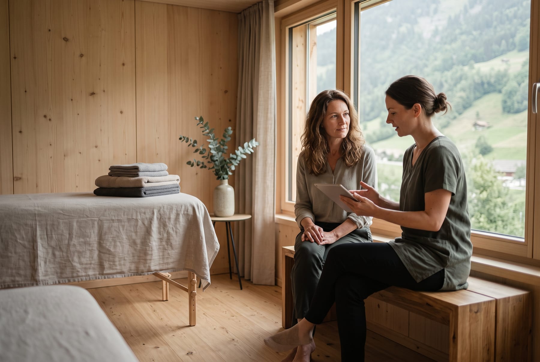Une thérapeute parcourt un questionnaire avec une nouvelle cliente, dans un studio de bien-être en bois